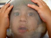 English: Child with face seen through the mesh of a sieve.