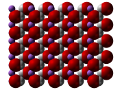 English: Space-filling model of part of the crystal structure of lithium hydroxide, LiOH. X-ray crystallographic data from Acta Cryst. (1978). A34, 542-547. 日本語: 水酸化リチウム、LiOH 結晶の空間充填モデル。
