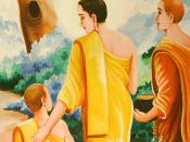 Buddha gives a teaching to his son and novice-monk Rahula during pindabat (walking almsround in the village or city), on the value of truthfulness and abstaining from speaking untruths.