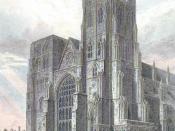 The Norman north west tower prior to demolition (coloured from an engraving, 1821).