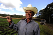 English: A farmer who is hosting a pilot project to use stored rainwater for irrigation of food crops during Nicaragua's intense dry season.