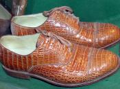 Shoes made from real crocodile skin, in a conservation exhibit at Bristol Zoo, England