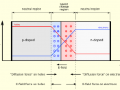 English: A p-n junction in thermal equilibrium with zero bias voltage applied. Electron and holes concentration are reported respectively with blue and red lines. Gray regions are charge neutral. Light red zone is positively charged. Light blue zone is ne