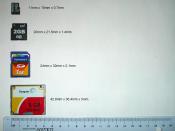 Size comparison of various digital flash cards. The bottom card is a Microdrive only for comparative purposes.