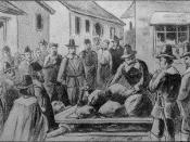 Digitally restored version of Commons file File:Giles Corey.jpg: Old drawing of the death of Giles Corey (Sept. 19, 1692) by being pressed with heavy stones for failing to enter a plea to the charge of being a witch during the Salem Witch Trials.