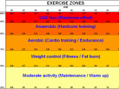 English: Exercise work zones (Fox and Haskell formula between 20 and 70-year-old): red zone (VO2Max), anaerobic, aerobic, weight control and warming up. Français : Zones d'exercice de travail (selon la formule de Fox et Haskell entre 20 ans et 70 ans) : z
