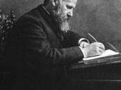 English: Photo of American writer and editor Horace Elisha Scudder, seated while writing at a desk or table. From an illustration to the article 