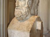 Hermes-type bust (pillar with the top as a sculpted head) of Epicurus leaned with his back against his disciple Metrodorus of Lampsacus (the younger) (note : the legend at the bottom of the hermes is mixed with the Metrodorus side). Pentelic marble, Roman