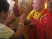 English: Venerable Tzu Chuang, founder of Hsi Lai Temple, in an alms begging round during Sangha Day, 2006