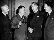 David Dubinsky, guest of honor, speaking with others at the League for Industrial Democracy luncheon, 1949. From left to right are: Dr. Harry W. Laidler, David Dubinsky, Gordon R. Clapp, and Thomas C. Douglas.