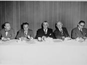 Some of those sitting at the head table for the 46th annual luncheon of the League for Industrial Democracy, at the Hotel Commodore in New York, March 31, 1951, include (l-r) Ralph Wright, David Dubinsky, A. J. Hayes, William Green, and Ralph J. Bunche.
