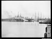 Steam vessel and GUSTAV passing through Glebe Island Bridge, departing Blackwattle or Rozelle Bay