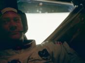 English: Image of Buzz Aldrin taken by Neil Armstrong inside the Lunar Module on the surface of the Moon during Apollo 11 after the mission's only , or moonwalk. Aldrin is in his spacesuit and is seen to the left of his window. The lunar surface is visibl