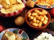 various potato dishes: potato chips, hashbrowns, tater tots, baked potato, and mashed potatoes