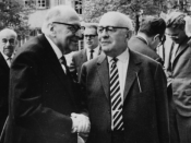 English: Photograph taken in April 1964 by Jeremy J. Shapiro at the Max Weber-Soziologentag. Horkheimer is front left, Adorno front right, and Habermas is in the background, right, running his hand through his hair.