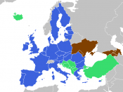 Future EU enlargement in Eastern Europe. Blue: EU. Green: current enlargement agenda (applicants, candidates, potential candidates as per EU DG for Enlargement). Brown: EU aspiration noted in ENP Action plan. Yellow: the rest of Eastern Europe.
