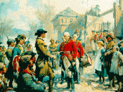 English: The Battle of Vincennes in the American Revolutionary War was fought on February 23 – February 25, 1779. A small force of American soldiers led by George Rogers Clark encircled Fort Sackville at Vincennes, Indiana, and continued marching around i