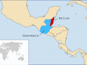 Map of Central America displaying Belize (red) and Guatemala (blue)