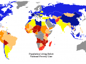 World map showing percent of population living below their national poverty line. Grey means no information.