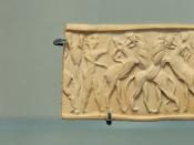 Cylinder seal and impression on clay: battle between heroes and animals. Limestone, Early Dynastic III (ca. 2500–2400 BCE), found in Mari.