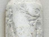 Cylinder seal: the king-priest and his acolyte feeding the sacred herd. White limestone, Uruk period, ca. 3200 BC.