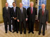 English: In January 2009, President of the United States of America, George W. Bush invited then President-Elect Barack Obama and former Presidents George H.W. Bush, Bill Clinton, and Jimmy Carter for a Meeting and Lunch at The White House. Photo taken in