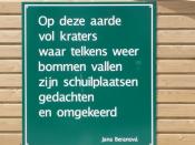 English: Poem (in Dutch) by Czech poet Jana Beranova at the site where a WO II bomb was found.(Proveniersstraat Rotterdam)
