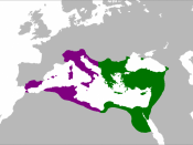 Map of the Byzantine Empire at its greatest extent in the 6th century. Territories in purple were reconquered during the reign of Justinian I.