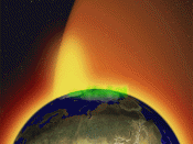 English: The Earth's plasma fountain, showing oxygen, helium, and hydrogen ions that gush into space from regions near the Earth's poles. The faint yellow gas shown above the north pole represents gas lost from Earth into space; the green gas is the auror