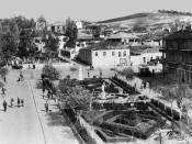 English: A picture of the center of Shijak in 1964 taken from the balcony of an apartment building.