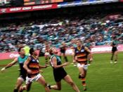 Adelaide's Andrew McLeod challenges a mark in a game against Port Adelaide