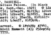 English: Extract from the the Catalog of Copyright Entries showing renewals for The Maltese Falcon and Red Harvest by Dashiell Hammett.