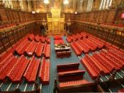 View of the House of Lords Chamber in the Palace of Westminster, London, looking from the galleries towards the Throne