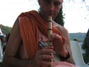 Hanumatpresaka Swami Maharaj playing flute (New Vrajamandala ISKCON Hare Krishna farm in Spain)