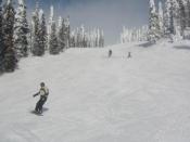 English: Taken by me in Feb 2006. Mikey and Carter and Mel come down the Powder Chute at Big White on a beautiful day.
