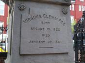 Poe Monument at Westminster Hall and Burying Ground, Baltimore, MD. It is also the burial spot of Edgar Allan Poe, his wife Virginia Clemm Poe, and her mother Maria Clemm. Seen from the left side, showing the inscription for Virginia Poe (inscribed in 197