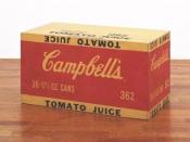 Campbell's Tomato Juice Box, 1964, Andy Warhol, Synthetic polymer paint and silkscreen ink on wood, 10 inches x 19 inches x 9 1/2 inches (25.4 x 48.3 x 24.1 cm), Museum of Modern Art, New York