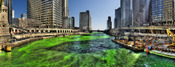 English: Chicago river dyed green on St. Patrick's Day, looking east from Michigan Avenue bridge.