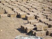 English: Adobe bricks sitting on the ground near a house construction in Milyanfan village, Kyrgyzstan.