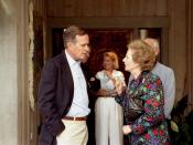 English: President Bush and British Prime Minister Margaret Thatcher visit at a reception given by Ambassador and Mrs. Henry Catto at Catto Ranch, Aspen, CO