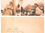 Front and back of postcard showing the charred corpse of Jesse Washington on display in Robinson, Texas after he was lynched in nearby Waco on May 16, 1916.