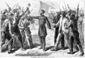 A Bureau agent stands between armed groups of Southern whites and Freedmen in this 1868 picture from Harper's Weekly.
