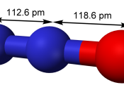 Ball-and-stick model of nitrous oxide, N 2 O, with interatomic distances labelled