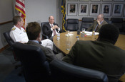 English: San Diego, Calif. (May 11, 2006) - Secretary of the Navy (SECNAV) The Honorable Dr. Donald C. Winter meets with the Editorial Board of the San Diego Union Tribune to discuss several issues concerning the Navy and the San Diego area. SECNAV is in 
