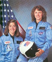 English: Christa McAuliffe and Barbara Morgan, Teacher in space primary and backup crew members for Shuttle Mission STS-51L. This mission ended in failure when the Challenger orbiter exploded 73 seconds after launch on January 28, 1986.