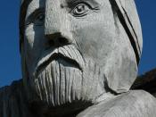 English: King Arthur sculpture, Llangybi Close up of King Arthur, part of a sculpture of King Arthur, Guinevere and Merlin outside the post office in Llangybi.