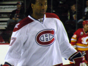 English: Montreal Canadiens forward Georges Laraque during warm-up prior to a National Hockey League game against the Calgary Flames, in Calgary.