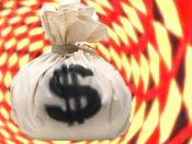 English: A bag of money, US dollars, spinning in a vortex of color, representing chicanery or misrepresentation of cost or economic information or data, but could represent outright financial fraud.