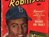 Front cover of Jackie Robinson comic book (issue #5). Shows head-and-shoulders portrait of Jackie Robinson in Brooklyn Dodgers cap; inset image shows Jackie Robinson covering a slide at second base.