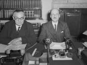 Prime Minister Clement Attlee (right) and Foreign Secretary Ernest Bevin photographed at 10 Downing Street at midnight on 14 August 1945. They had just announced, in a speech broadcast to Britain and the Empire, the news of the Japanese surrender.